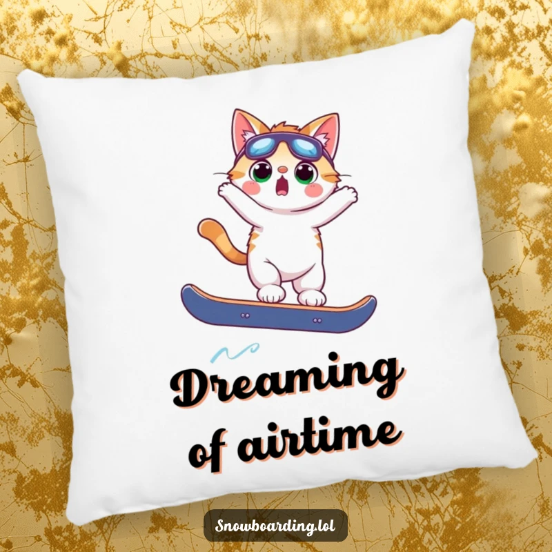 Funny surprised cat in a comical airborne snowboard pose, soft and squishy for maximum humor and comfort in any room.