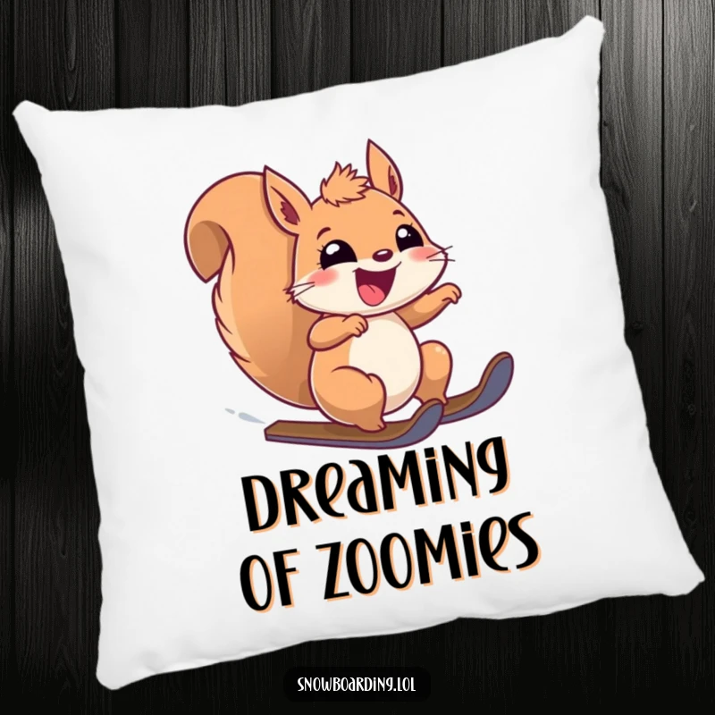 Funny pillow with a hyperactive squirrel speeding downhill, looking incredibly thrilled and happy. Soft home accent.