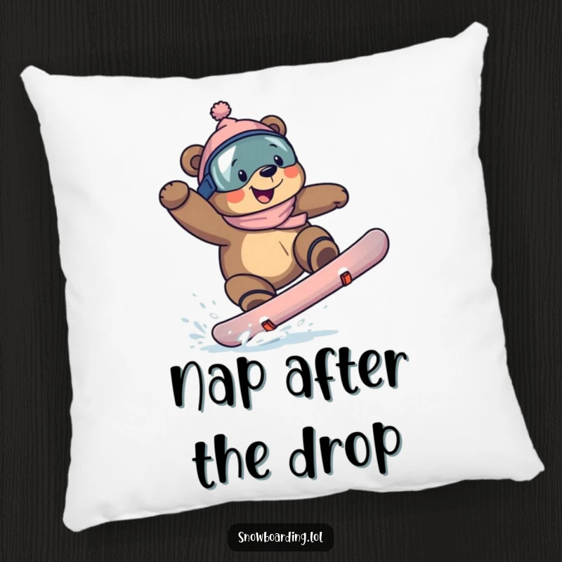 Funny bear snowboarding pillow, showing a determined bear with a grin successfully landing a snowboarding trick.