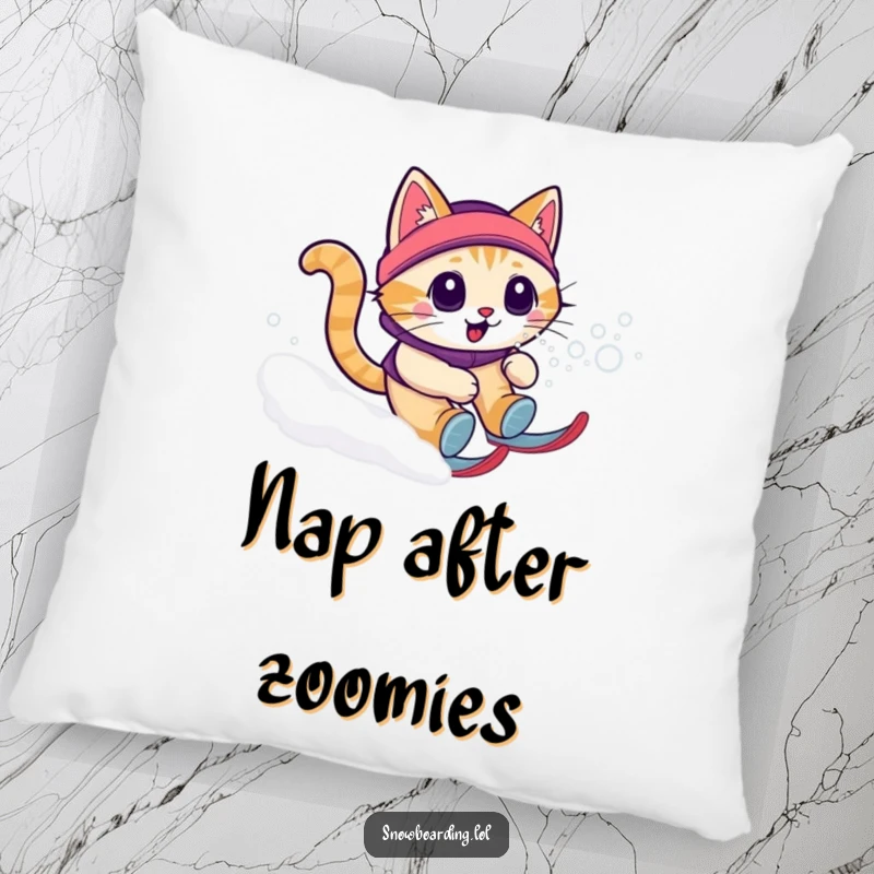 Funny cat snow zoomie pillow featuring a cat in its zoomie glory on a snowy hill, offering comfort and humor.