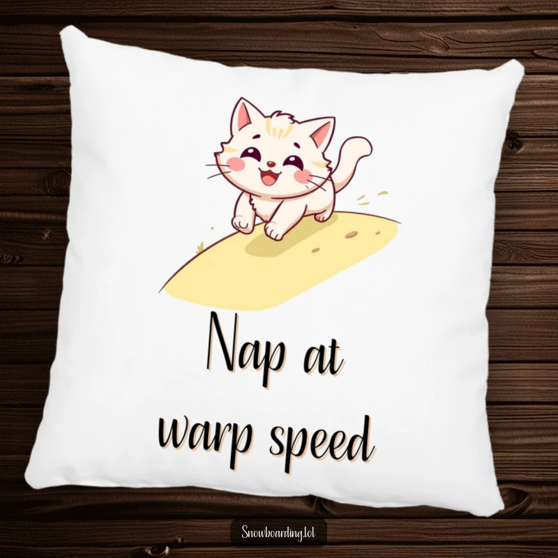 Funny cat pillow, a smiling blur of fur speeding downhill, providing comfort and a humorous touch of feline energy.