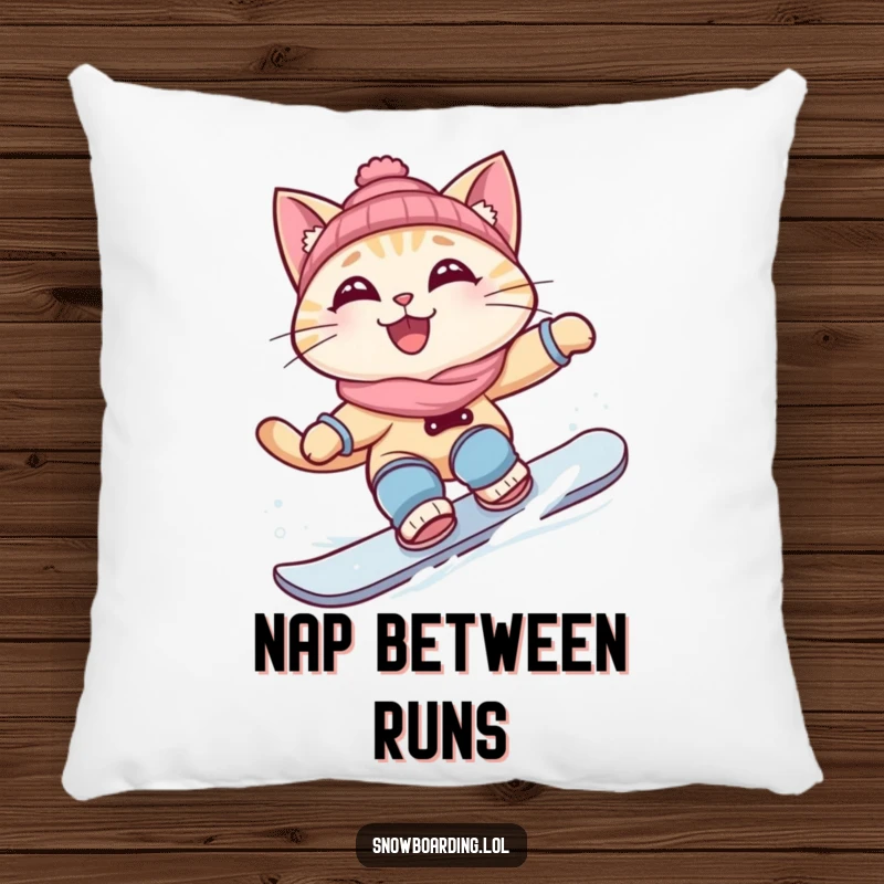 Funny pillow featuring a curious cat snowboarding a turn, soft and perfect for adding cool, humorous cat decor.