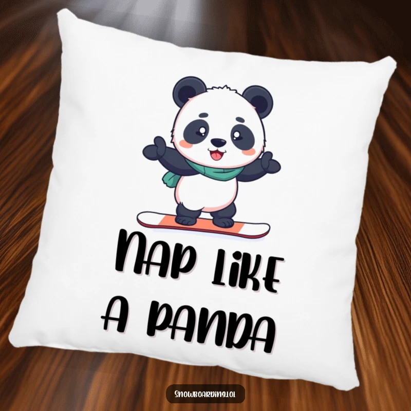 Funny pillow featuring a determined panda balancing on a snowboard, adding a humorous and inspiring touch to cozy spaces.