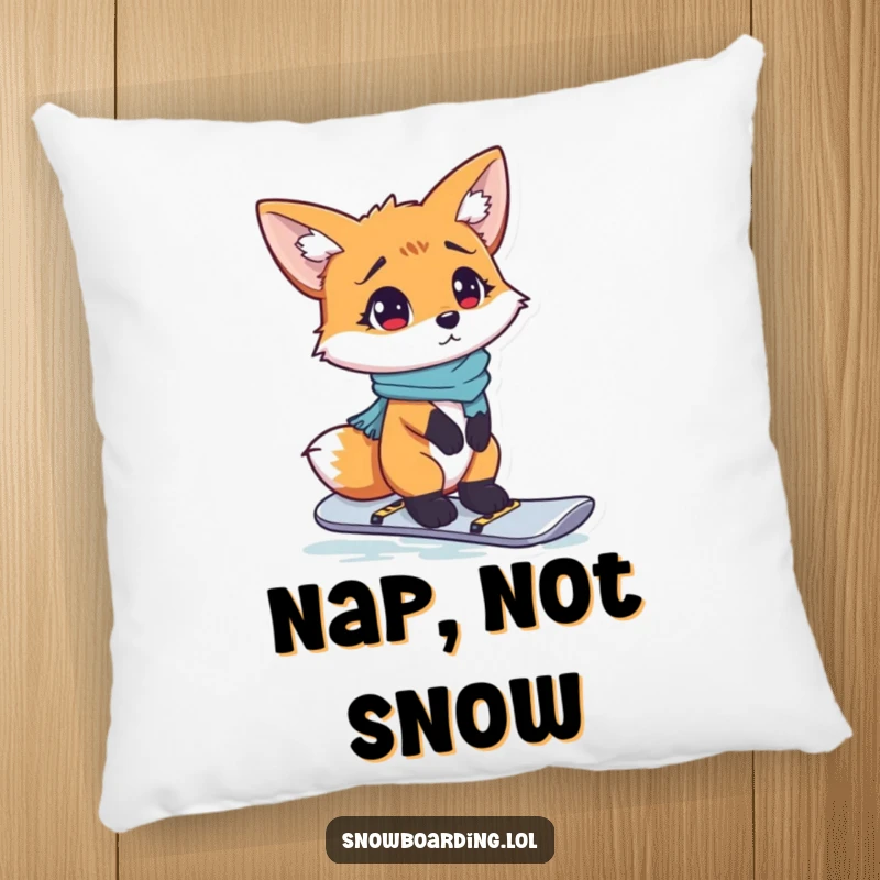 Funny pillow with a confused fox attempting to snowboard, perfect for adding humor and comfort.
