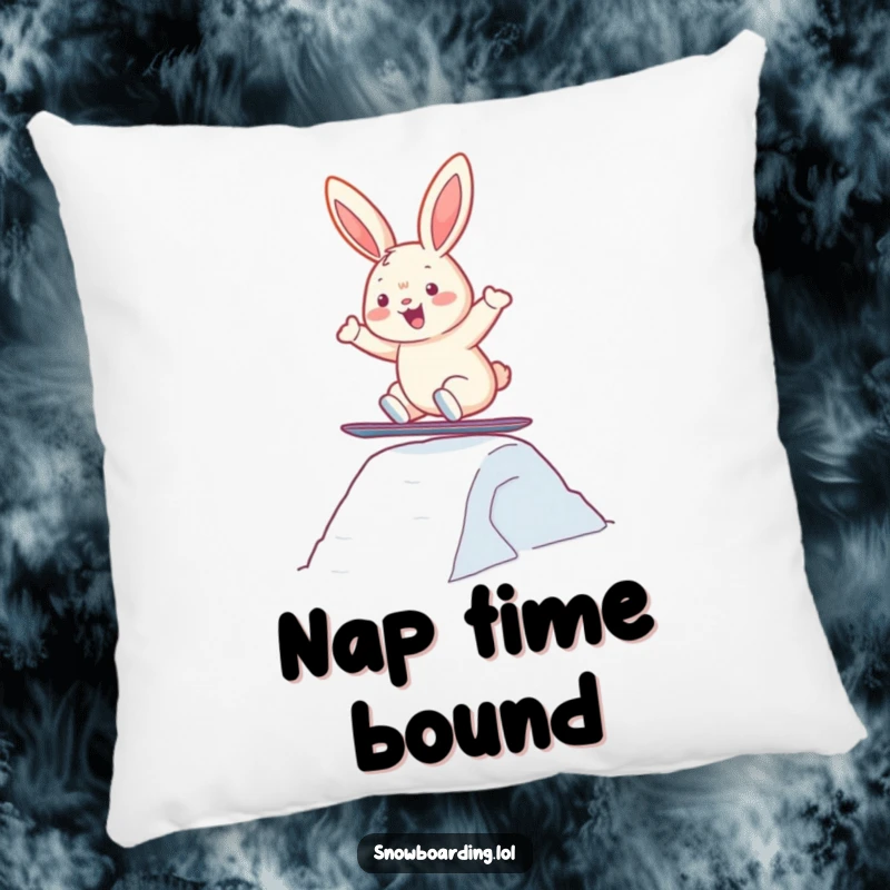 Funny pillow featuring a cheerful bunny snowboarding and leaping, adding a humorous touch to cozy spaces.