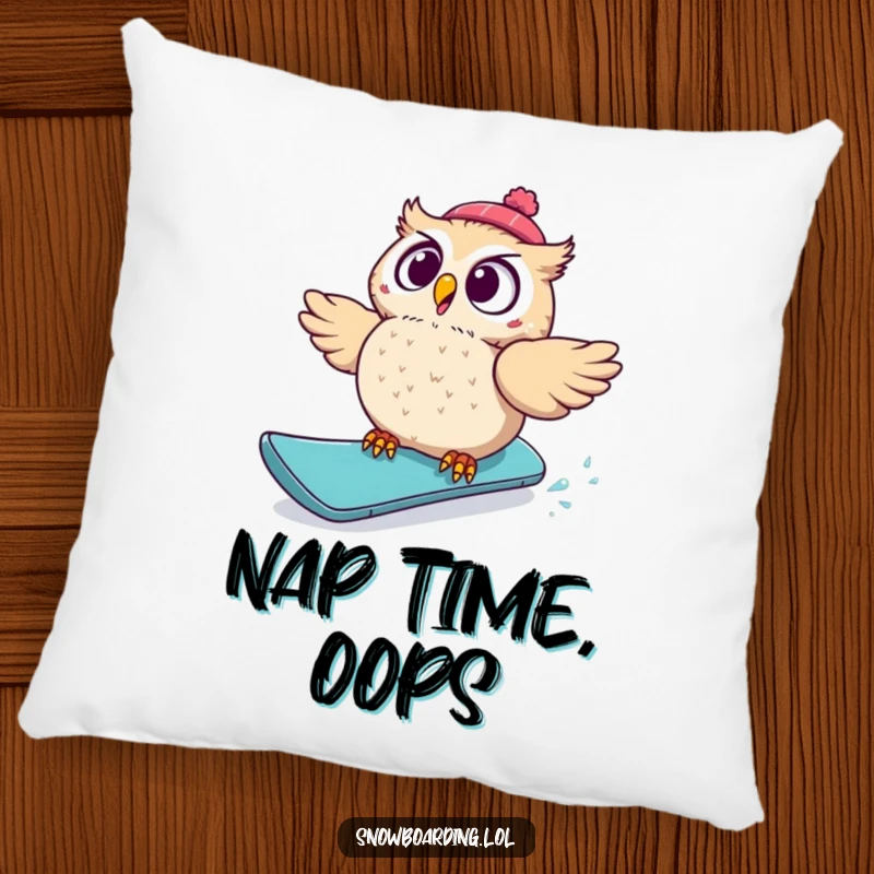 Funny pillow featuring a startled owl tumbling off a snowboard, wide-eyed and surprised, providing humorous comfort and decor.