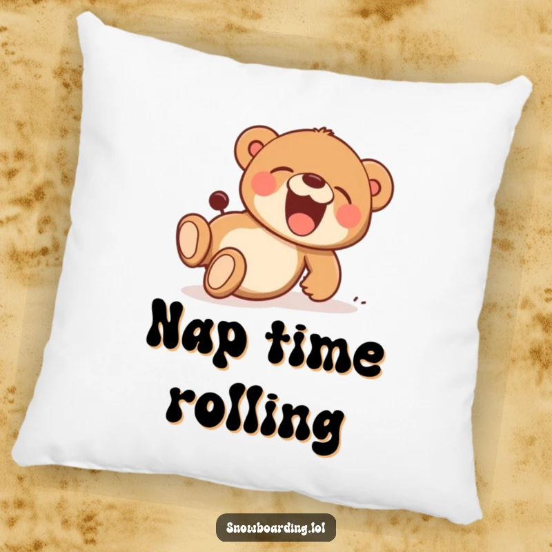 Funny pillow with a bear cub tumbling downhill, captured mid-laugh, a cartoon character bringing playful comfort and cheer.