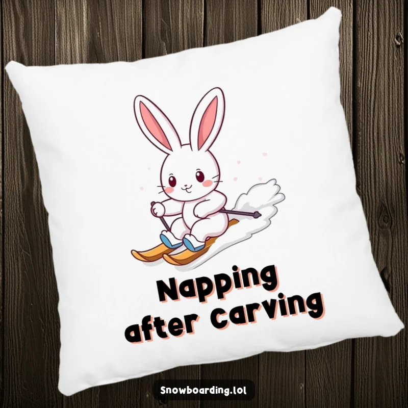Funny pillow displaying a cheerful bunny skillfully carving down a snowy slope on a snowboard, offering plush comfort and humor.