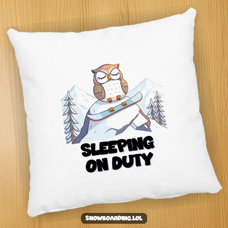 Funny pillow depicting a tired owl napping on a snowboard at the mountain peak, offering comfort and sleepy amusement.