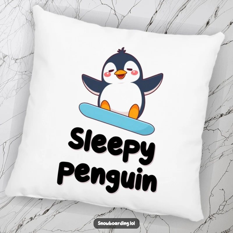 Funny penguin snowboarding pillow, a silly penguin with flailing arms trying a snowboard spin, full of comedic energy.
