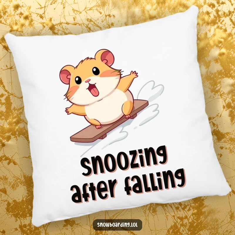 Funny pillow featuring a surprised hamster comically tumbling down a snowy slope on a snowboard, offering plush comfort and winter humor.