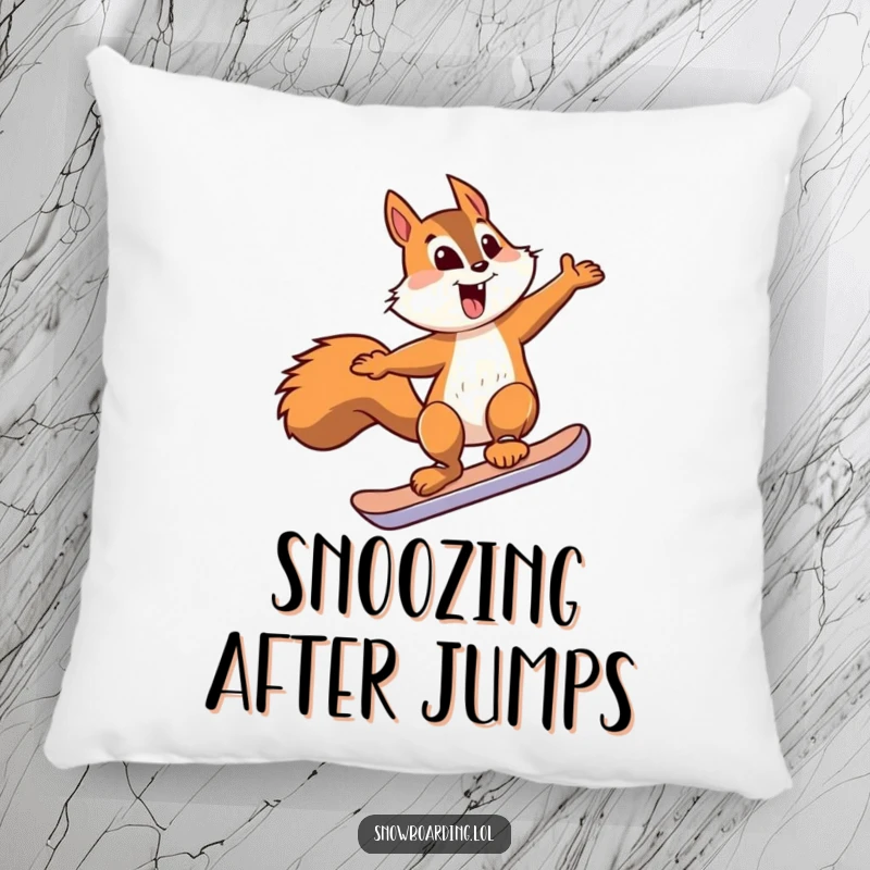 Funny squirrel snowboard jump pillow featuring a squirrel on a tiny snowboard, offering comfort and a humorous touch.