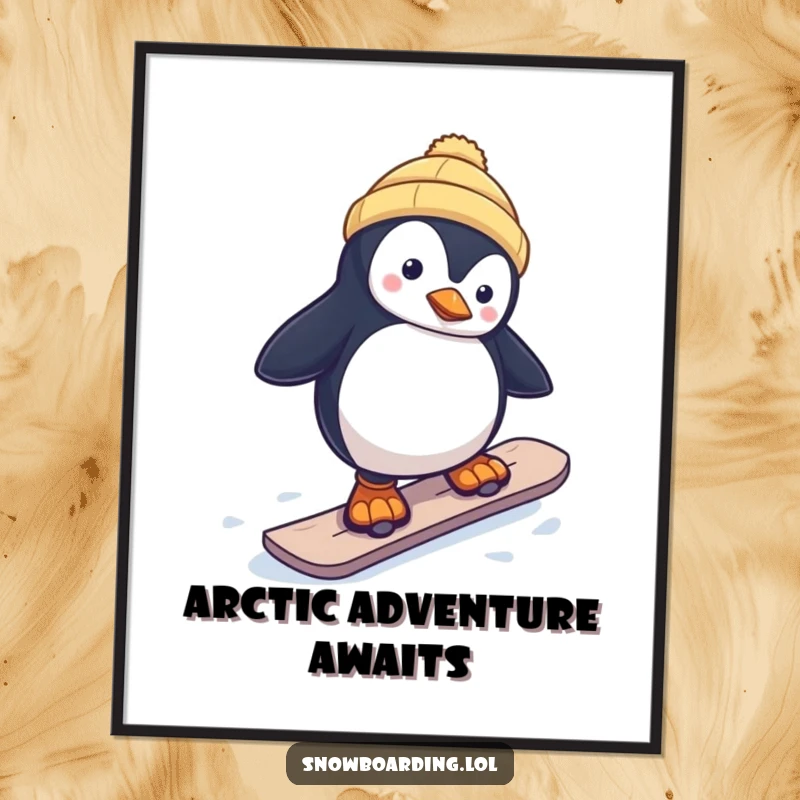 Funny digital art print of a curious penguin wobbling on a snowboard, capturing a moment of hilarious, wintery action for instant decor.