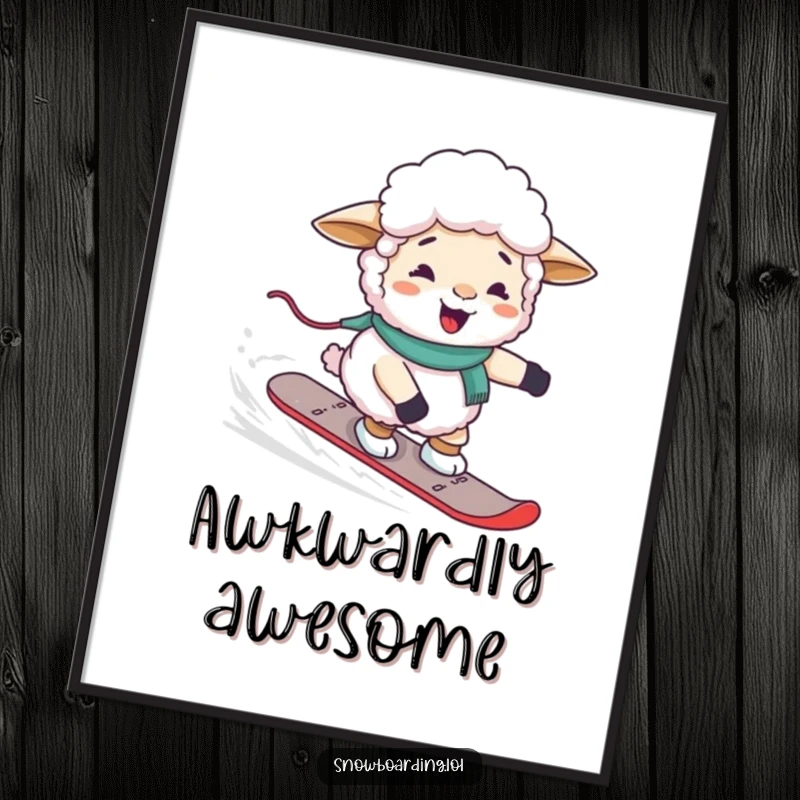 Funny giggling sheep awkwardly steering a snowboard, available as an instant download digital art print.