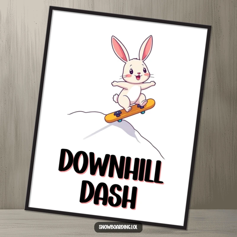 Funny digital art print of a bouncing bunny precariously riding a board downhill, perfect for energetic and humorous wall art.