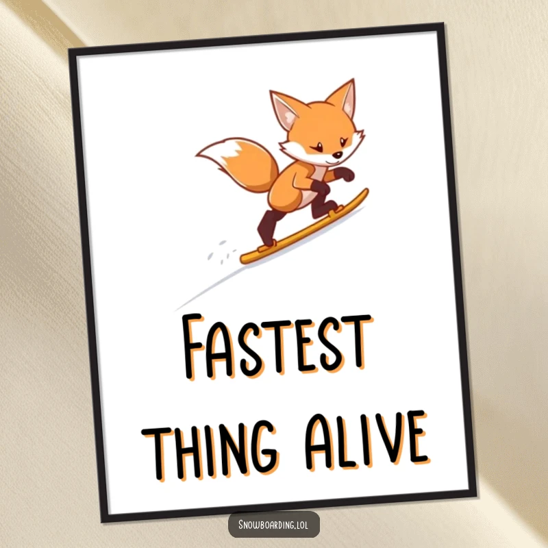 Funny fox skiing digital art print, showing a determined fox gliding swiftly down a white snowy slope, vibrant and fun.