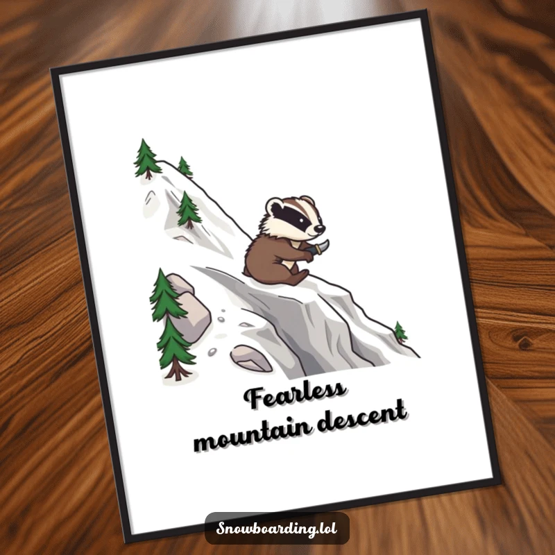 Funny digital art print of a brave badger confidently snowboarding down a mountain, carving smooth, impressive turns.