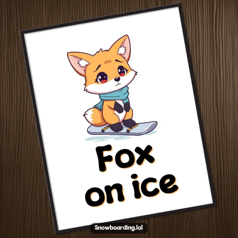 Funny digital art print of a curious fox looking utterly confused while standing on a snowboard.