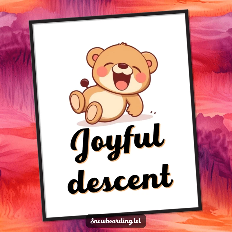 Funny digital art print of a bear cub tumbling downhill, captured mid-laugh, a cartoon character radiating playful, downloadable joy.