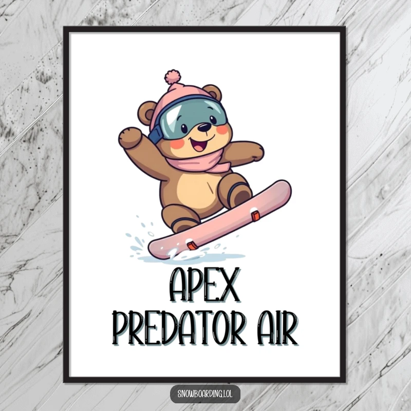 Funny bear snowboarding digital art, a grinning bear successfully landing a snowboarding trick, radiating energy and determination.