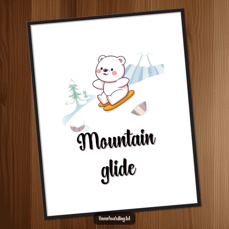 Funny digital art print of a happy bear smoothly snowboarding down a snowy mountain, perfect for cheerful winter wall art.