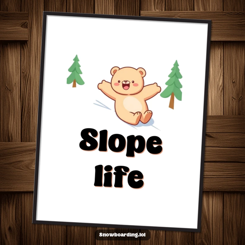 Funny bear digital art print, happily sliding down a snowy slope with arms outstretched, ideal for joyful winter decor.