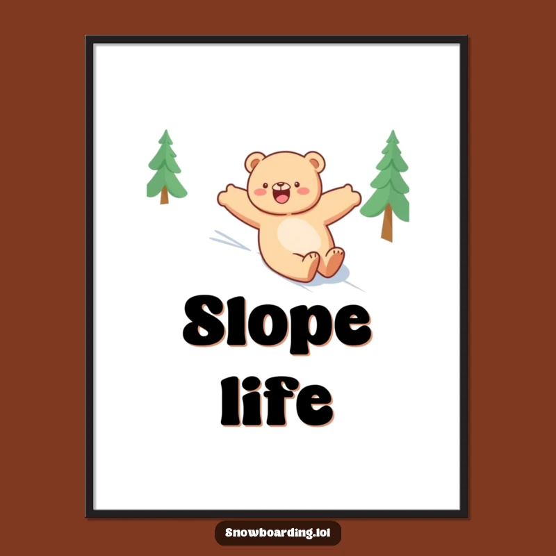 Funny Bear Snowboarding Digital Art Print, Happy Winter Decor, Hilarious Wall Piece