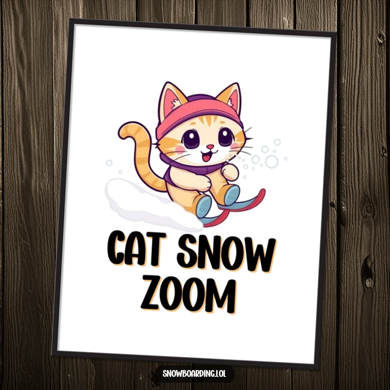 Funny cat snow zoomie digital art print of a cat speeding downhill, offering immediate humorous decor for cat lovers.