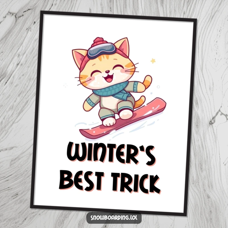 Funny snowboarding cat digital art, capturing a joyful cat mid-snowboard ride down a mountain, full of energy and a big grin.