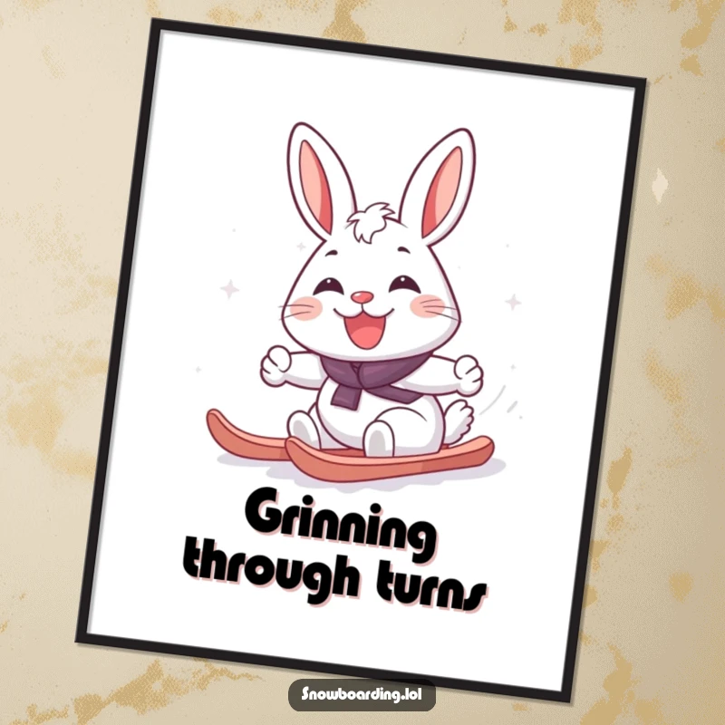 Funny cheerful rabbit grinning widely while making a snowboard turn, high-resolution digital art print capturing pure winter joy.
