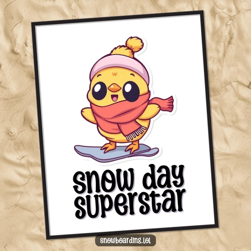 Funny digital art print of a delighted chick wearing a scarf, snowboarding with pure enthusiasm.