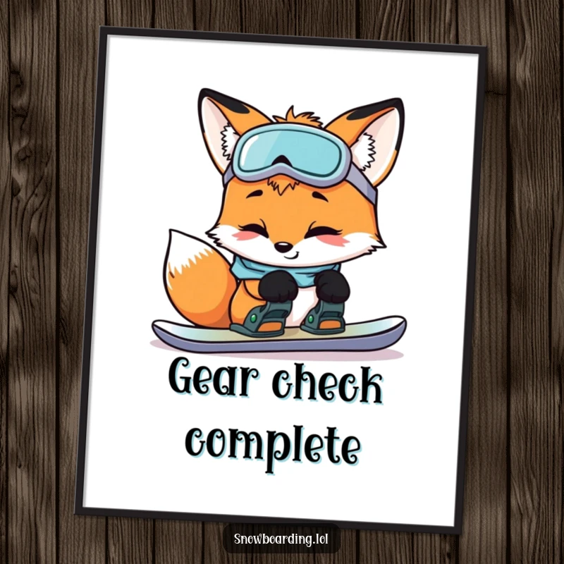 Funny curious fox inspecting snowboard bindings with a smile, high-resolution digital art print capturing clever winter preparation.