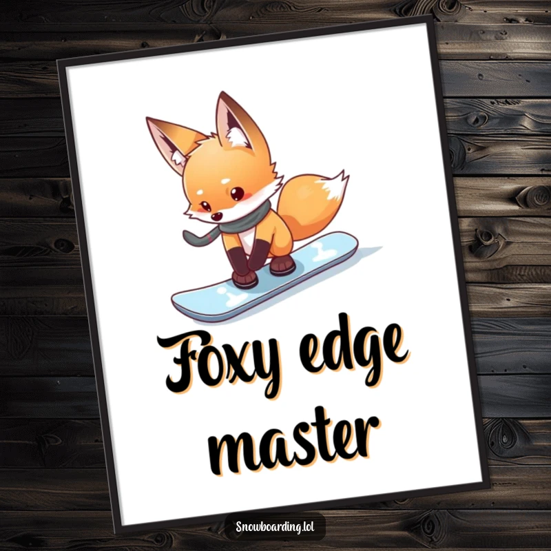 Funny curious fox cautiously testing its snowboard, a digital art print for humorous and thoughtful decor.