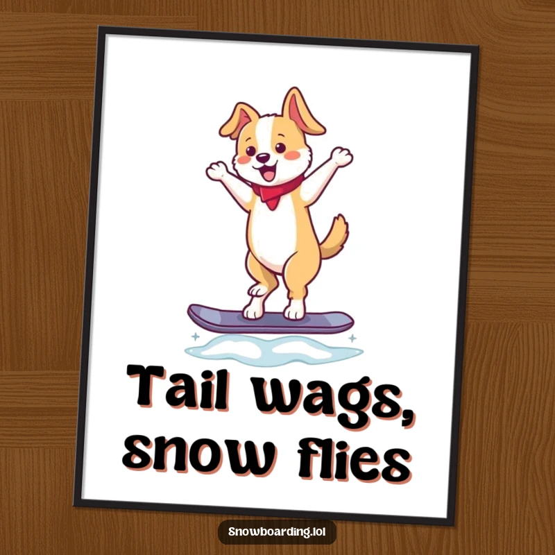 Funny digital art print of a dancing dog balancing perfectly on a snowboard, tail wagging, ready to be printed and displayed, a humorous masterpiece.