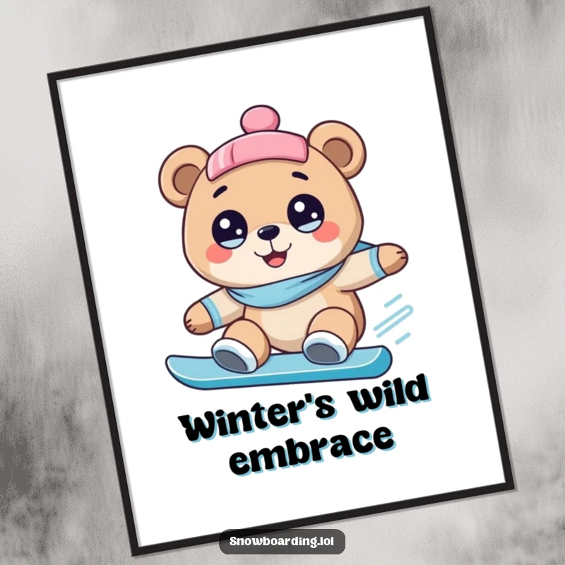 Funny digital art print of a happy bear with wide eyes, snowboarding downhill with hilarious excitement and a joyful spirit.