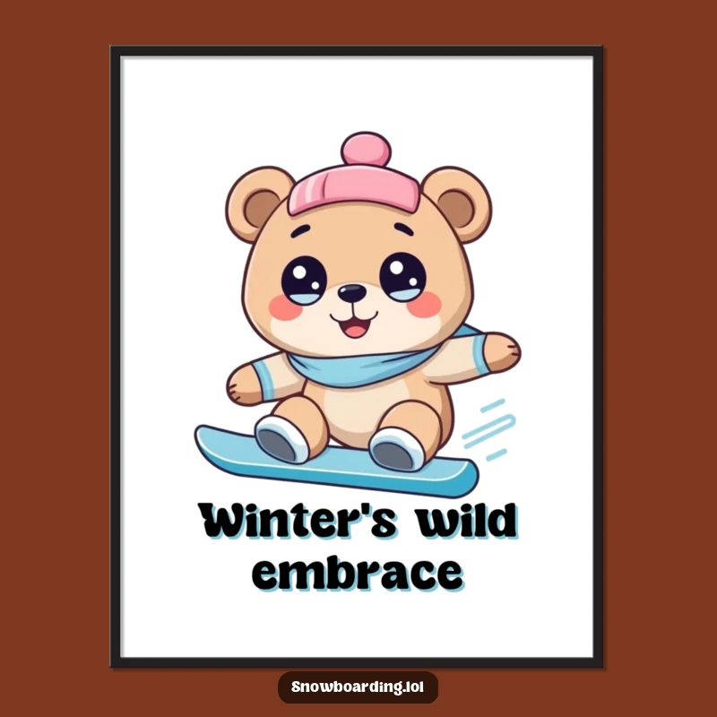 Funny Digital Art: Bear Snowboarding Excitement - Instant Wide-Eyed Print
