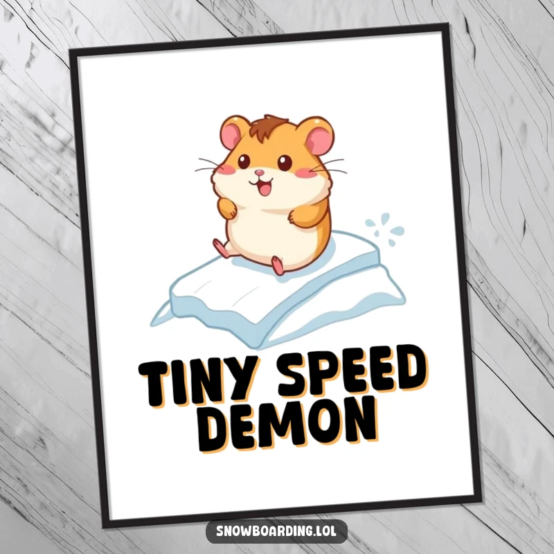 Funny digital art print of a cheerful hamster racing down a small icy incline, capturing a moment of exhilarating speed and humor.