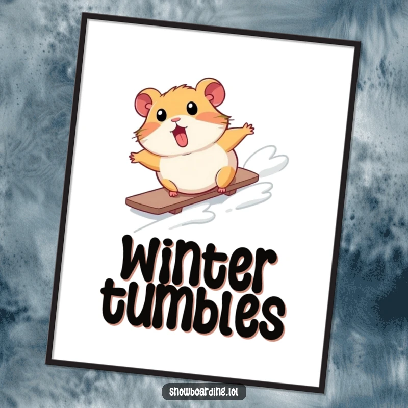 Funny digital art print of a surprised hamster comically tumbling down a snowy slope on a snowboard, capturing a moment of hilarious mishap.