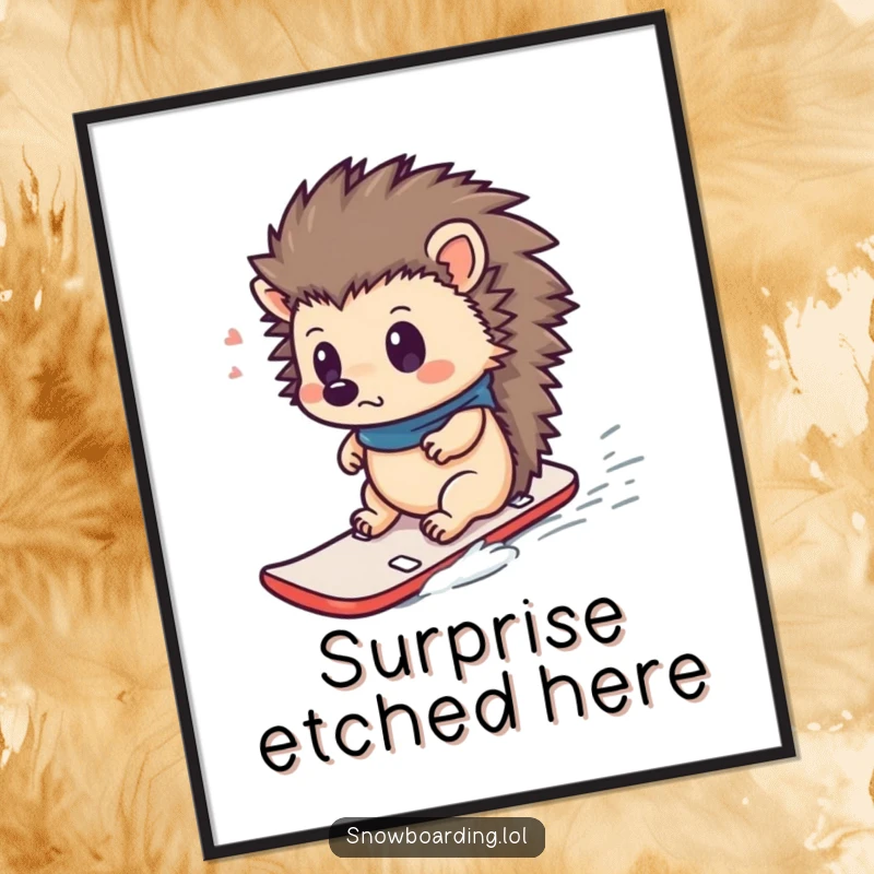 Funny digital art print of a curious hedgehog looking surprised while riding a tiny snowboard, for humorous winter display.