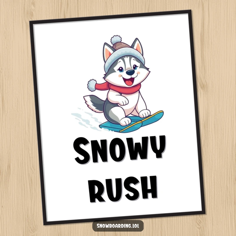 Funny husky digital art print, a cheerful dog snowboarding down a snowy slope. Instant humorous decor.