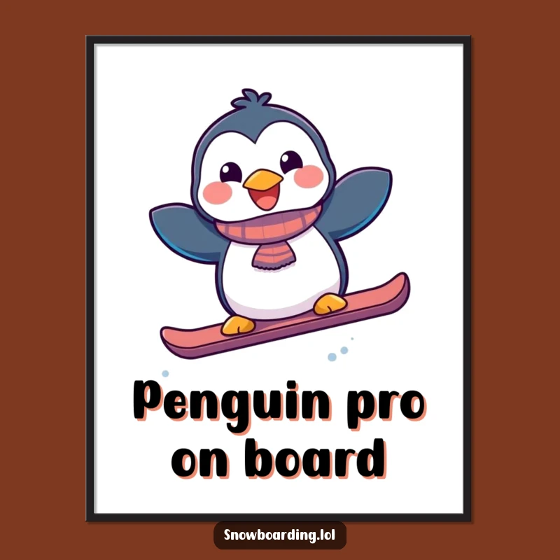 Funny Joyful Penguin Snowboard Digital Art Print - Instant Winter Cheer