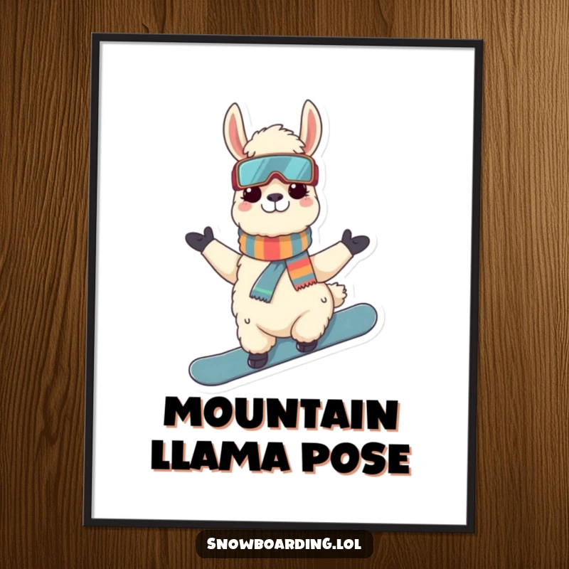 Funny Llama Snowboarder Digital Art Print: A graphic of a cool llama striking a pose on a snowboard, ready for action.