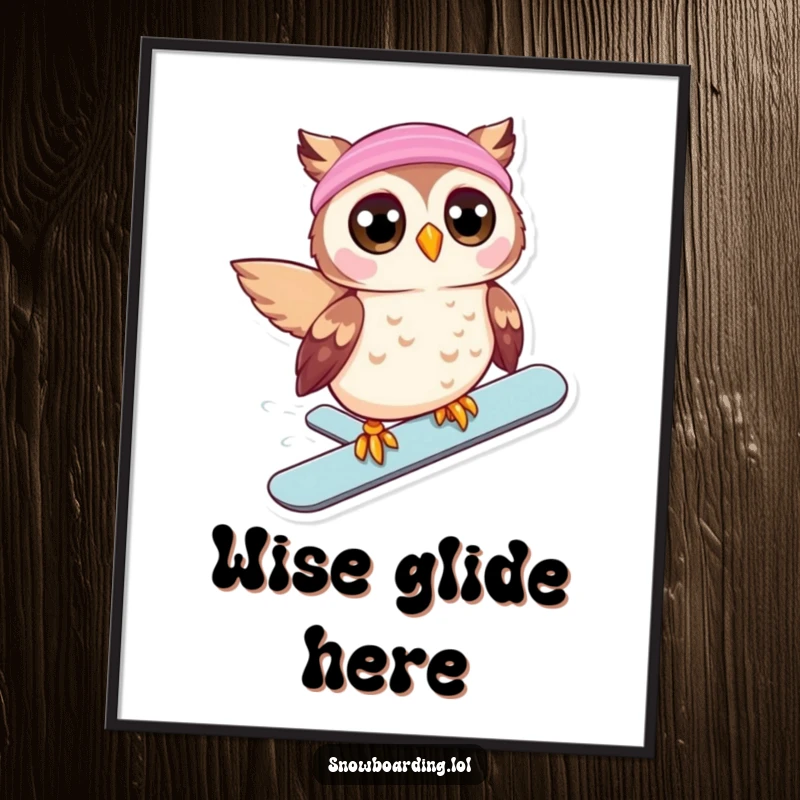 Funny digital art print of a beaming owl with wide eyes, joyfully snowboarding downhill, for humorous winter display.