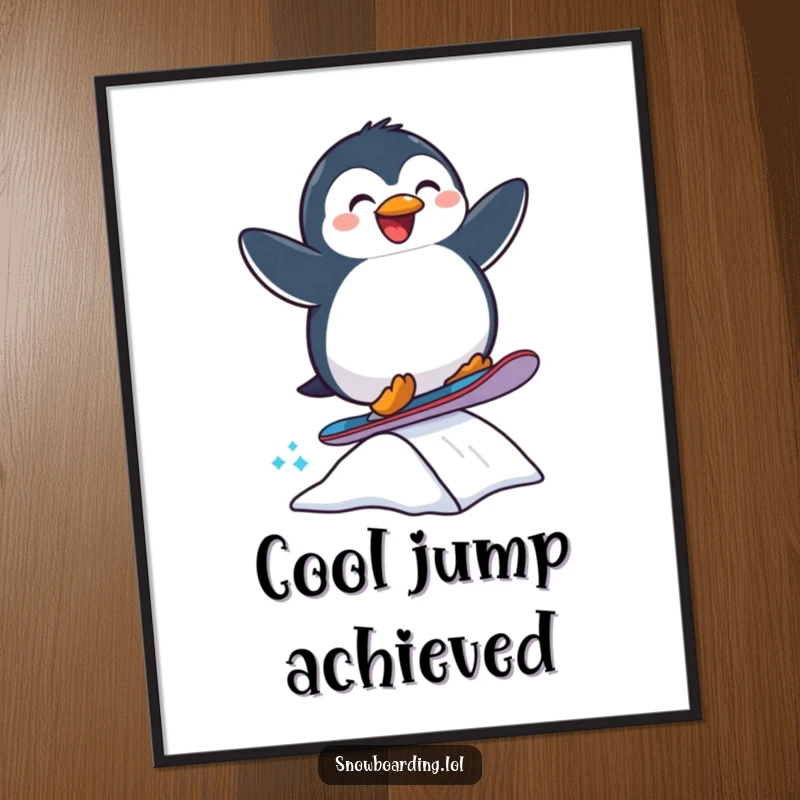 Funny digital art print of a joyful penguin snowboarding mid-air off a ramp, full of winter sports excitement.