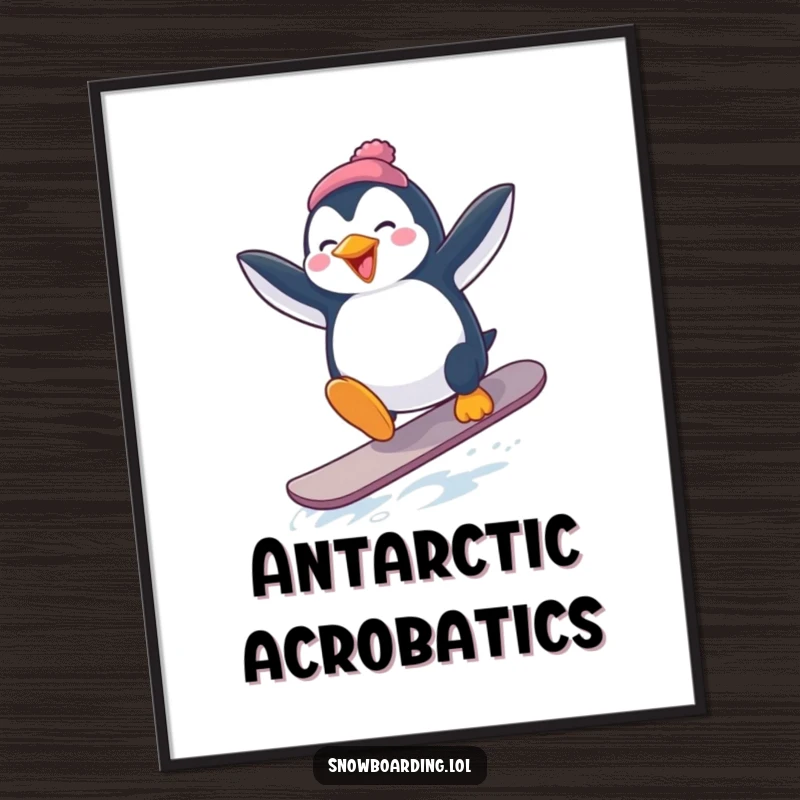 Funny Penguin Snowboard Digital Art: A penguin attempting a snowboard jump with flailing arms, bringing instant humor.
