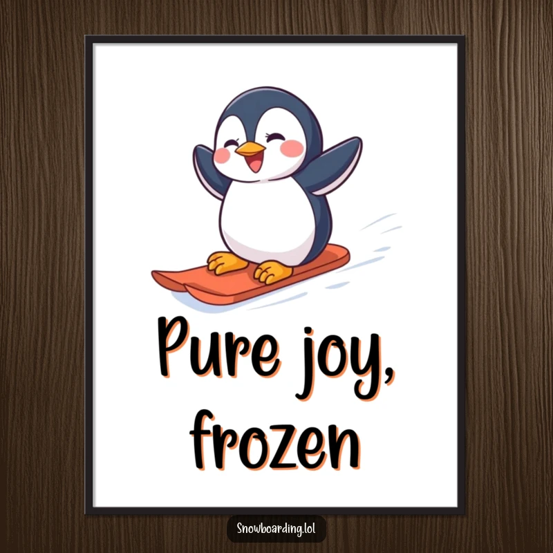 Funny joyful penguin carving down a snowy slope on a snowboard, downloadable digital art print.