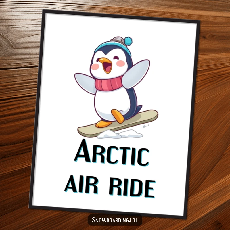 Funny Penguin Snowboarder Digital Art: A delighted penguin captured mid-wobbly, hilarious snowboard trick for digital display.