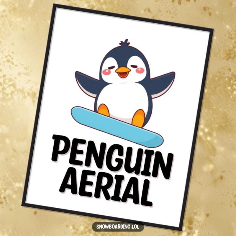 Funny penguin snowboarding digital art, a silly penguin with flailing arms attempting a spin on a snowboard, full of comedy.