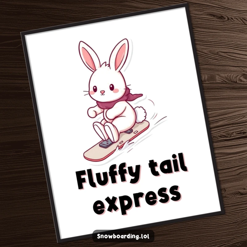 Funny digital art print of a playful bunny snowboarding with its fluffy tail trailing, ready for instant download, a cute and humorous masterpiece.