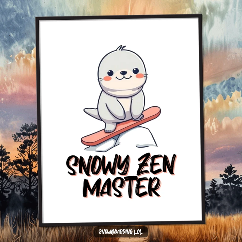Funny seal attempting a snowboard trick with exaggerated motion, a high-resolution digital print for hilarious wall art.